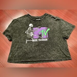 MTV Black Crop Tee with Purple and Green Skeleton Design